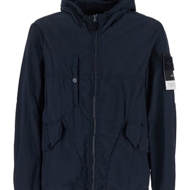 Stone Island Blue Jacket With Hood And Compass Logo Applied On The Sleeve In Tech Fabric