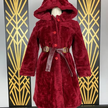 1970s hooded coat, faux fur, vintage coat, mod, xx small, wine red, fuzzy winter coat, 30/32 bust, 70s outerwear, retro jacket, preteen 