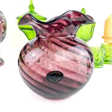 Handblown Amethyst Swirl Vase | Handmade in Poland | Vintage Glass Decor 