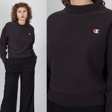 Champion Reverse Weave Faded Black Cropped Sweatshirt - Medium | Y2K Plain Mockneck Streetwear Pullover 