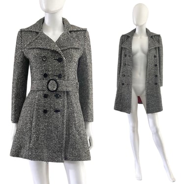 1960s Black & White Herringbone Wool Coat - 1960s Mod Trench Coat - 1960s Womens Coat - Vintage Herringbone Coat - Mod Coat | Size Small 