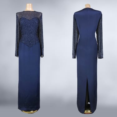 VINTAGE 90s Navy Blue Silk Beaded Evening Dress by Alyce Designs Sz 18 | 1990s Sheer Sleeve Mother of Bride Gown Plus Size Volup | vfg 