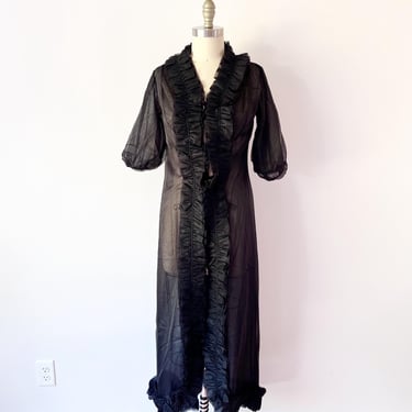 SIZE XS Vintage Black Mesh Robe with Puff Sleeves / 60s Nylon Nighty Sexy Lingerie Vassarette Hollywood 