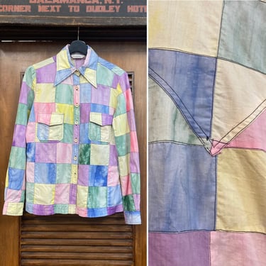 Vintage 1970’s Pastels Cotton Patchwork Long Sleeve Shirt, 70’s Patchwork Shirt, Vintage Shirt, Vintage Tie Dye, Vintage Clothing 