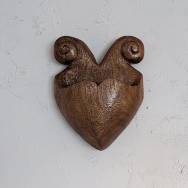 Vintage Hand Carved Wooden Heart Shaped Wall Pocket 