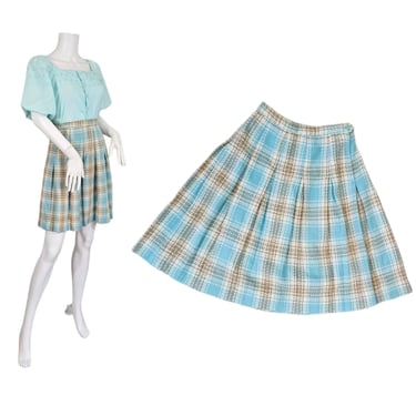 1960's Baby Blue Grey Plaid Wool Pleated Mini Skirt I Sz Sm I Darlenette 