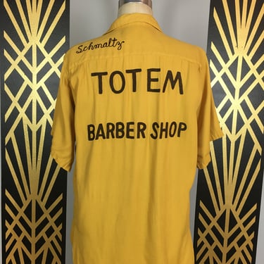 1950s bowling shirt, king louie, vintage mens shirt, novelty print, advertisement, medium large, mustard yellow, name embroidery, ray, totem 