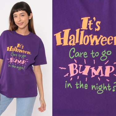 Hallmark Halloween Shirt 90s Care To Go Bump In The Night T-Shirt Graphic Tee Spooky Joke TShirt Vintage 1990s Purple Medium Large 