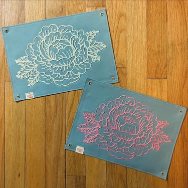 Blue canvas chainstitched peony banners - pink or mint green stitching - traditional tattoos - chainstitch embroidery - wall decor 