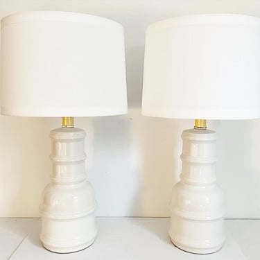1970s Large White Ceramic Jar Lamps & Shades - a Pair 