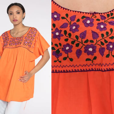 Orange Floral Blouse 90s Mexican Embroidered Shirt Hippie Top Festival Tunic Bohemian Retro Short Sleeve Vintage 1990s Cotton Extra Large xl 