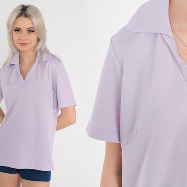 Lavender Shirt 70s Polo Shirt Collared V Neck Top Johnny Collar Short Sleeve Pastel Purple Blouse Preppy Plain Casual Vintage 1970s Large L 