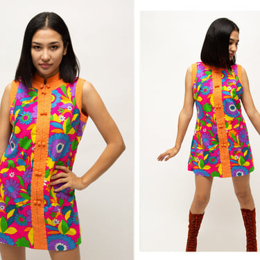 Vintage 1960s 60s Vibrant Technicolor Psychedelic Floral Shift Zip Up Mini Dress w/ Floral Embroidery 
