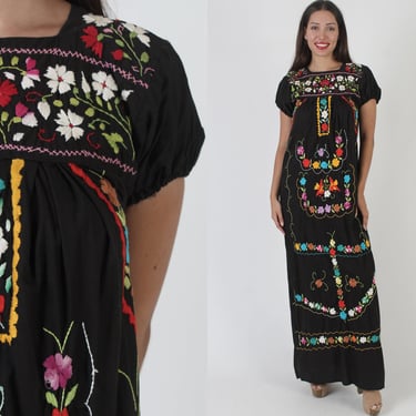 Long Black Mexican Maxi Dress / 1970s Cotton Heavily Embroidered Sundress / Bright Floral Quincenera Fiesta Coverup 