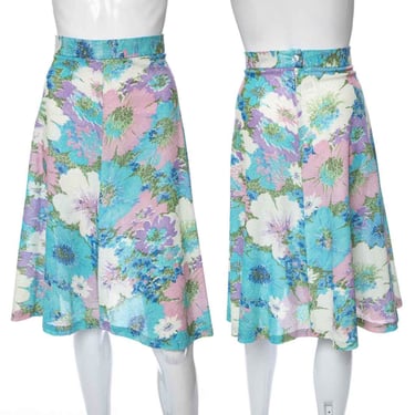 1970's Blue and Multicolor Floral Print Glitter Detail Skirt Size M