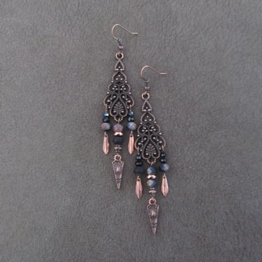 Antique copper filagree chandelier earrings, black crystal earrings 