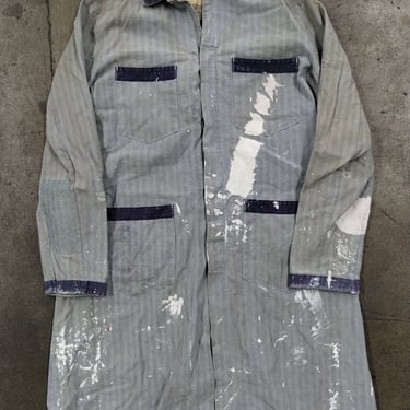 M 40’s Vintage Heavily Distressed Shop Coat HBT Gray Work Chore Jacket Shacket Medium Cotton 1950s 1960s Cars True Vintage American Made 