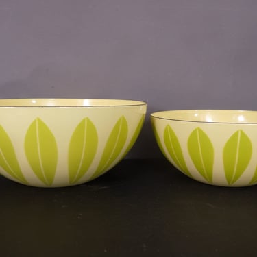 Rare Catherineholm Lemon Lime Green Enamelware Lotus Bowls 11" and 9.5" 