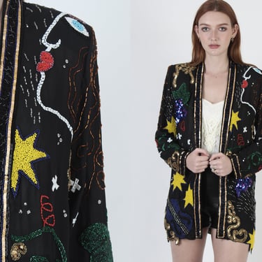 Op Art Graphic Sequin Jacket, Beaded Sheer Evening Party Blazer, Abstract Shooting Stars New Years Holiday Jacket 