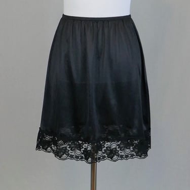 70s 80s Short Black Half Slip - Nylon Skirt Slip - Lace Trim Hem - Sears - Vintage 1970s 1980s - Size Large 30-32