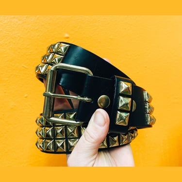 2000s Black Faux Leather Gold Large Studded Belt by Hot Topic 34