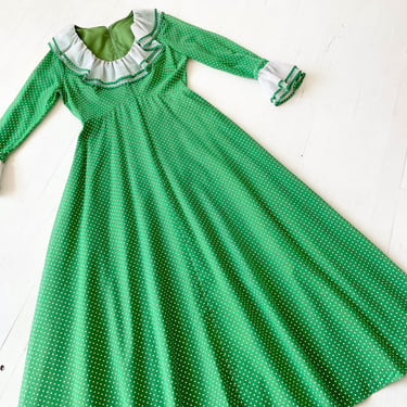1970s Green Polka Dot Maxi Dress with Ruffled Collar and Cuffs 