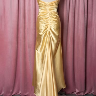 90s Zum Zum Niki Livas Butter Yellow Satin Bias Cut Evening Gown with Ruched Back and Train 
