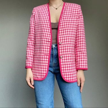 Vintage 80s Pink White Cotton Checkered Preppy Plaid Oversized Blazer Sz M 