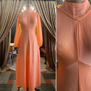 vintage 1970s orange maxi dress, chiffon balloon sleeves, rhinestone trim, medium, empire waist, mock neck, hostess 
