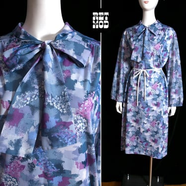Unique Vintage 70s Purple Abstract Patterned Long Sleeve Dress with Pussybow 