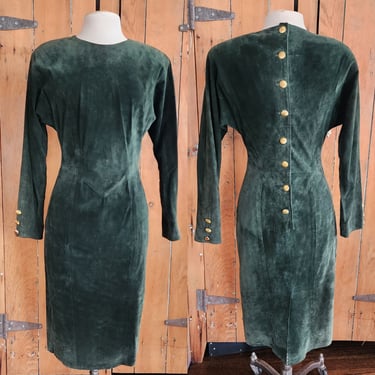 Vintage 80s Green Suede Dress Gold Button Back Firenze 