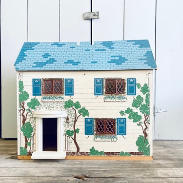 Vintage Mid-Century Keystone of Boston Blue Roof Colonial + Masonite Dollhouse | Made In USA | Doll house Toy Doll | 1940s Dollhouse 
