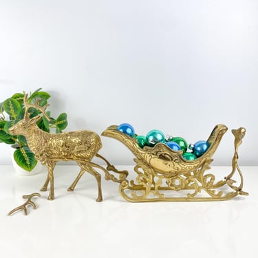 Large Brass reindeer and sleigh 21” long, vintage brass Christmas decor, Brass Reindeer Pulling Santas Sleigh, Christmas Vintage Centerpiece 