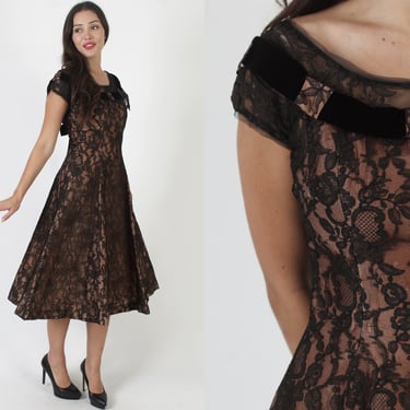 Elegant 50s Black Illusion Dress / Velvet Ribbon Neckline And Bow / Vintage MCM Lace Cocktail Party Gown 