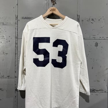 Vintage 80s Russell football Shirt white tshirt 3/4 sleeve athletic number 53 