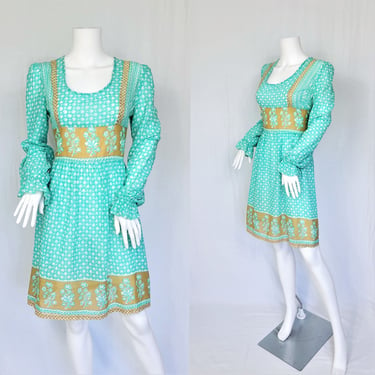 Dolly Rockers 1960's Mint Green Sari Fabric Design Short Dolly Mini Dress I Sz Med I England I By Sambo 