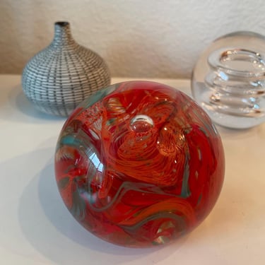 Vintage Art Glass Paperweight Red Turquoise Swirl Suspended Bubble Flower Clear  | Vintage Glass Paperweight Red Swirl 