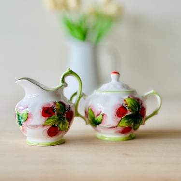 Strawberry Hand Painted Ceramic Creamer and Sugar Bowl With Lid 