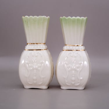 Two Vintage Belleek Mini Bud Vases | Toy Panel Pattern, Green Mark 1965-1980 | Cream, Green & Gold Porcelain | 4" Tall | Irish Decor 