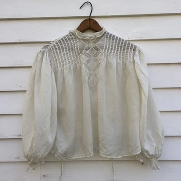 Antique Edwardian White Silk Bodice Lace Balloon Sleeve Dress Blouse Top Vintage