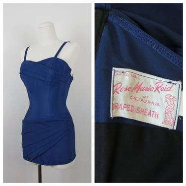 Vintage 1950s Rose Marie Reid swimsuit, draped sheath, playsuit, romper, beach 