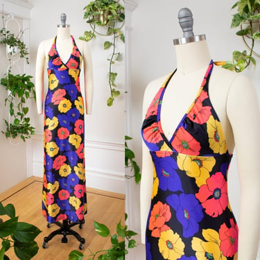 Vintage 1970s Maxi Dress | 70s Dark Floral Halter Stretchy Jersey Psychedelic Hawaiian Sundress | x-small 