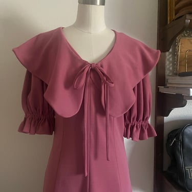 Vintage 70s Mauve Polyester Maxi Dress Dramatic Peter Pan Removable Collar; 60s Fall Pink Feminine Maxi Dress Sailor Collar Flared Skirt M 