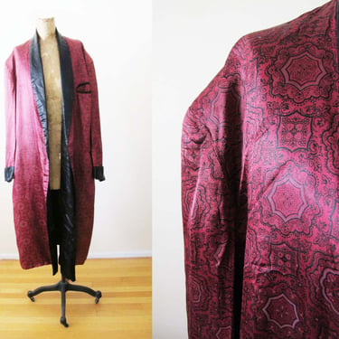 Vintage 50s Mens Satin Rayon Robe Reversible - Playboy Black Burgundy Paisley Long Robe - Duster - Smoking Jacket 