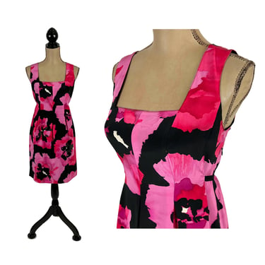 M Y2K Floral Silk Dress Medium, Sleeveless Summer Dress, Square Neck Midi Dress, Tie Back Fuchsia Pink & Black 2000s Clothes Women NINE WEST 