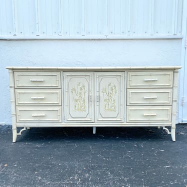 Vintage Faux Bamboo Dresser with 9 Drawers by Dixie Aloha Collection - Fretwork Hollywood Regency Coastal Credenza 