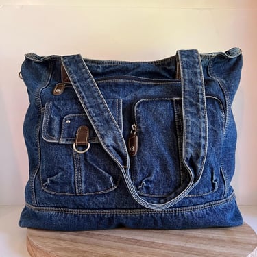 Blue Worn in Cotton Denim Cargo Oversized Multi Pocket Large Zipper Tote Bag 