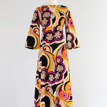 Fabulous 1960's Psychedelic Velvet Maxi Dress By Tori Richards / Medium