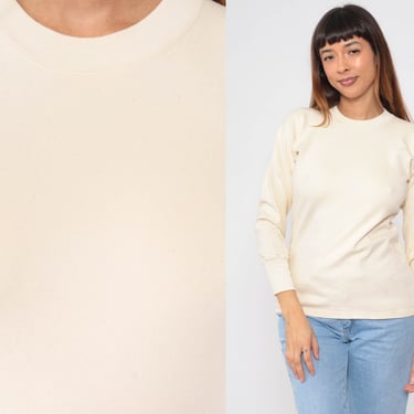Cream T Shirt Long Sleeve Shirt Plain Undershirt 1980s Layering Crewneck Shirt Vintage Tshirt Single Stitch Basic Small 