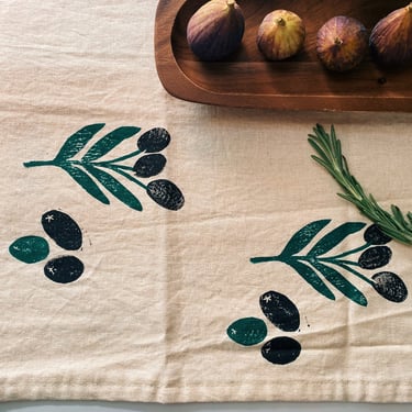 hand block printed linen table runner. olive toss. organic eco-friendly. boho decor. tablecloth. modern. thanksgiving / fall 